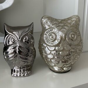 Decorative Wise OWL Mirrored Silver Ceramic Statues Figurines LOT X 2 Home Decor
